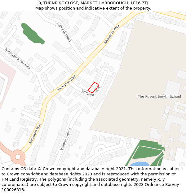 9, TURNPIKE CLOSE, MARKET HARBOROUGH, LE16 7TJ: Location map and indicative extent of plot