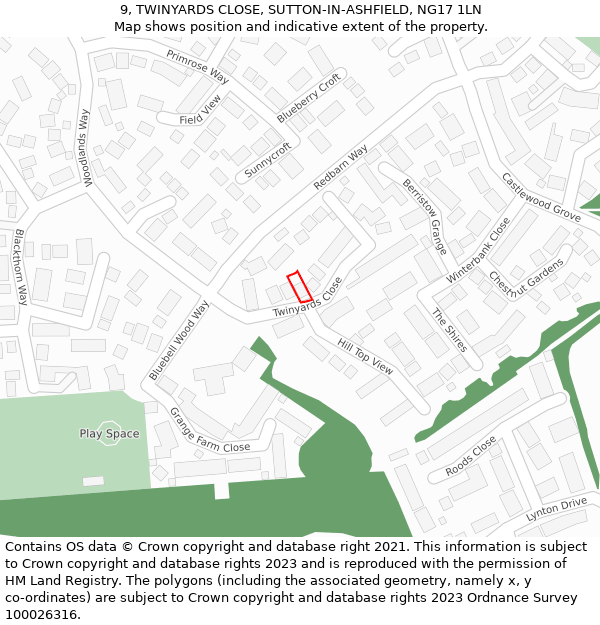 9, TWINYARDS CLOSE, SUTTON-IN-ASHFIELD, NG17 1LN: Location map and indicative extent of plot