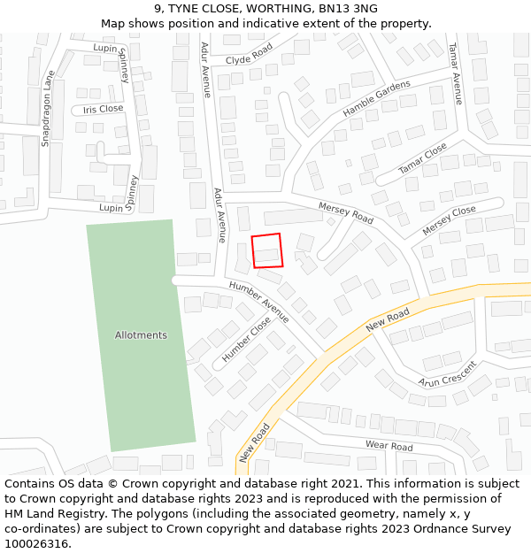 9, TYNE CLOSE, WORTHING, BN13 3NG: Location map and indicative extent of plot