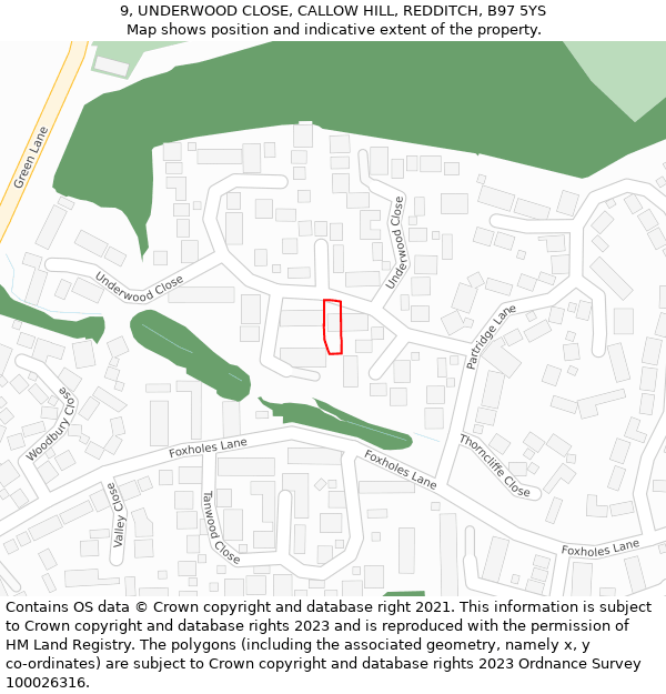 9, UNDERWOOD CLOSE, CALLOW HILL, REDDITCH, B97 5YS: Location map and indicative extent of plot