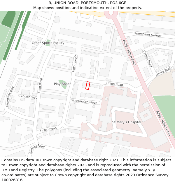 9, UNION ROAD, PORTSMOUTH, PO3 6GB: Location map and indicative extent of plot