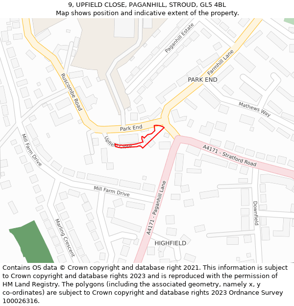 9, UPFIELD CLOSE, PAGANHILL, STROUD, GL5 4BL: Location map and indicative extent of plot