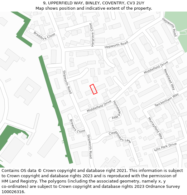 9, UPPERFIELD WAY, BINLEY, COVENTRY, CV3 2UY: Location map and indicative extent of plot