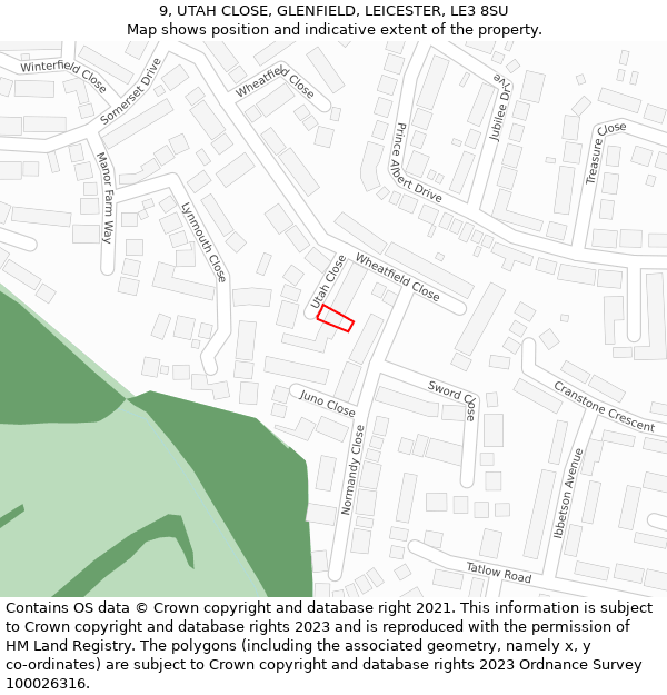 9, UTAH CLOSE, GLENFIELD, LEICESTER, LE3 8SU: Location map and indicative extent of plot