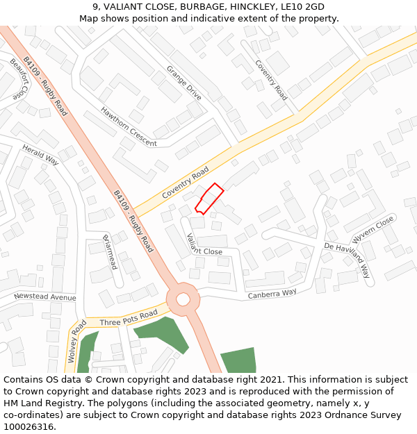 9, VALIANT CLOSE, BURBAGE, HINCKLEY, LE10 2GD: Location map and indicative extent of plot