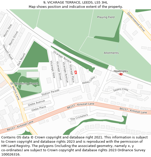 9, VICARAGE TERRACE, LEEDS, LS5 3HL: Location map and indicative extent of plot