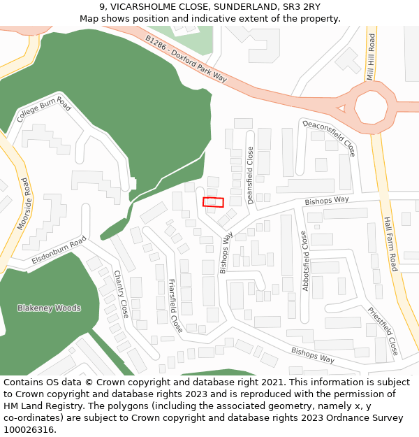 9, VICARSHOLME CLOSE, SUNDERLAND, SR3 2RY: Location map and indicative extent of plot