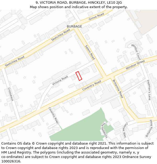 9, VICTORIA ROAD, BURBAGE, HINCKLEY, LE10 2JG: Location map and indicative extent of plot