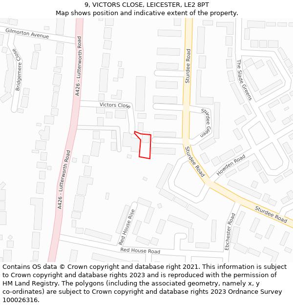 9, VICTORS CLOSE, LEICESTER, LE2 8PT: Location map and indicative extent of plot
