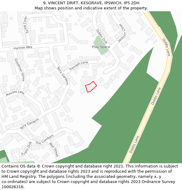 9, VINCENT DRIFT, KESGRAVE, IPSWICH, IP5 2DH: Location map and indicative extent of plot