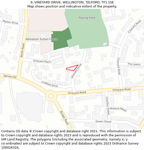 9, VINEYARD DRIVE, WELLINGTON, TELFORD, TF1 1SE: Location map and indicative extent of plot