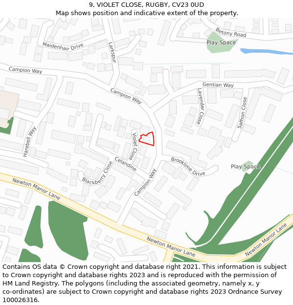 9, VIOLET CLOSE, RUGBY, CV23 0UD: Location map and indicative extent of plot