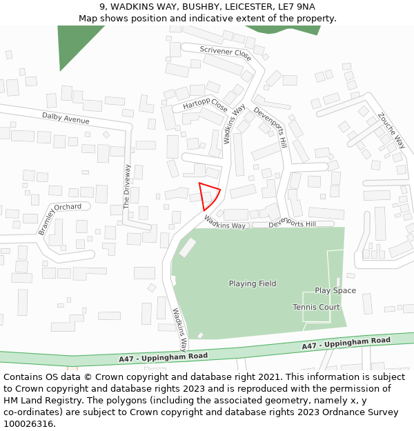 9, WADKINS WAY, BUSHBY, LEICESTER, LE7 9NA: Location map and indicative extent of plot