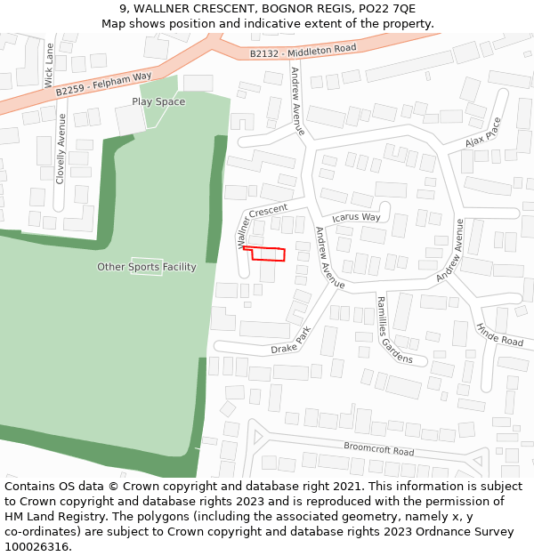 9, WALLNER CRESCENT, BOGNOR REGIS, PO22 7QE: Location map and indicative extent of plot