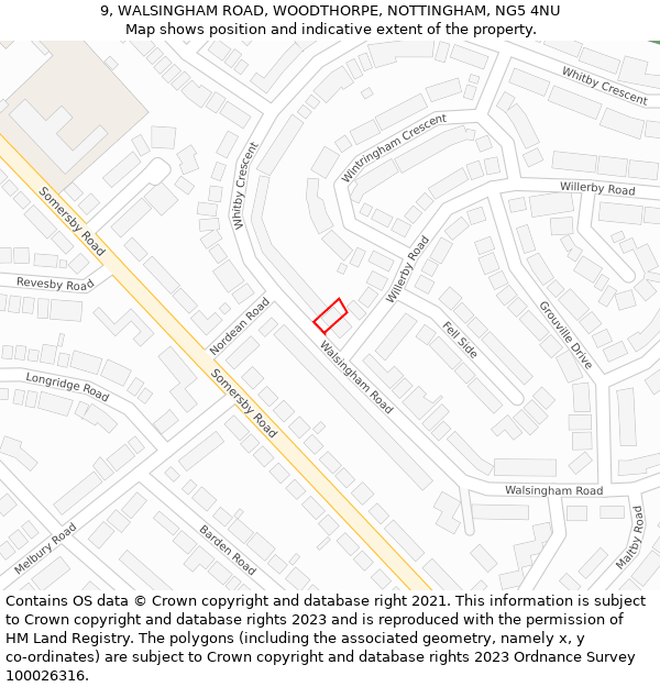 9, WALSINGHAM ROAD, WOODTHORPE, NOTTINGHAM, NG5 4NU: Location map and indicative extent of plot