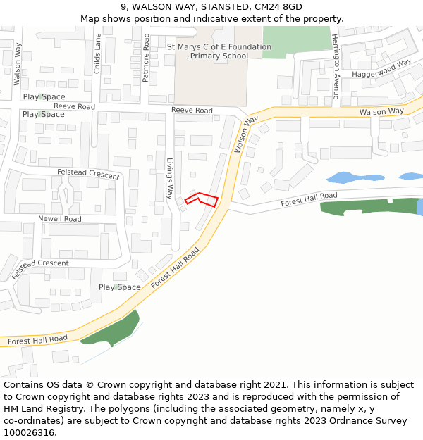 9, WALSON WAY, STANSTED, CM24 8GD: Location map and indicative extent of plot