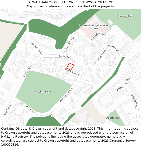 9, WALTHAM CLOSE, HUTTON, BRENTWOOD, CM13 1YE: Location map and indicative extent of plot