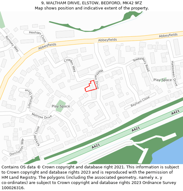 9, WALTHAM DRIVE, ELSTOW, BEDFORD, MK42 9FZ: Location map and indicative extent of plot