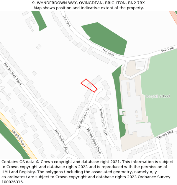 9, WANDERDOWN WAY, OVINGDEAN, BRIGHTON, BN2 7BX: Location map and indicative extent of plot