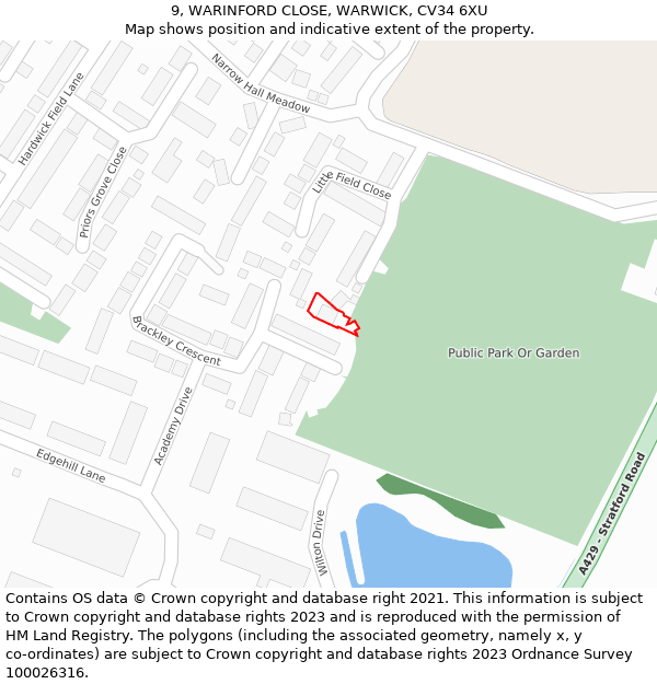 9, WARINFORD CLOSE, WARWICK, CV34 6XU: Location map and indicative extent of plot