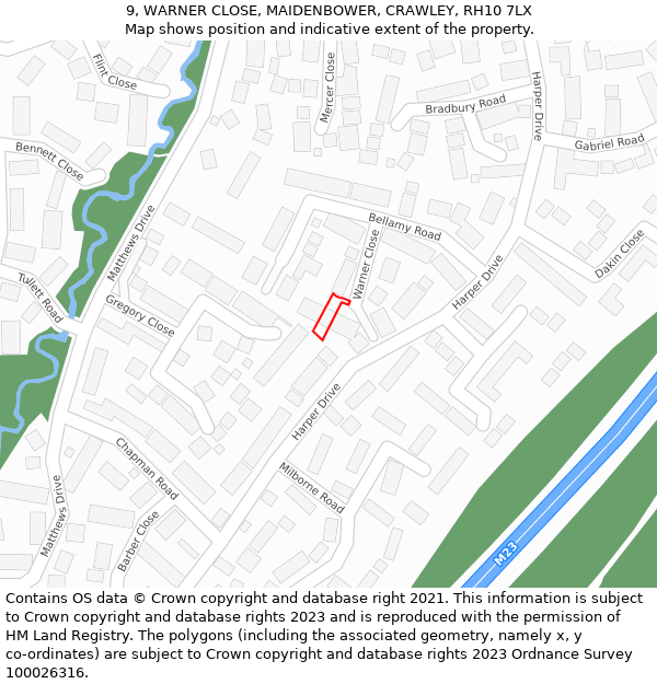 9, WARNER CLOSE, MAIDENBOWER, CRAWLEY, RH10 7LX: Location map and indicative extent of plot