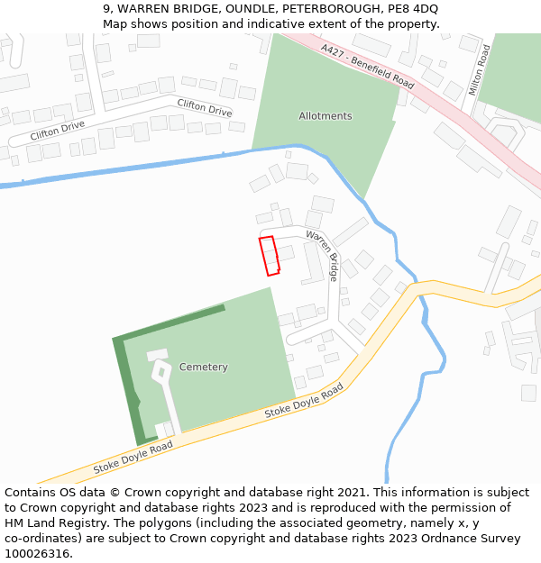 9, WARREN BRIDGE, OUNDLE, PETERBOROUGH, PE8 4DQ: Location map and indicative extent of plot