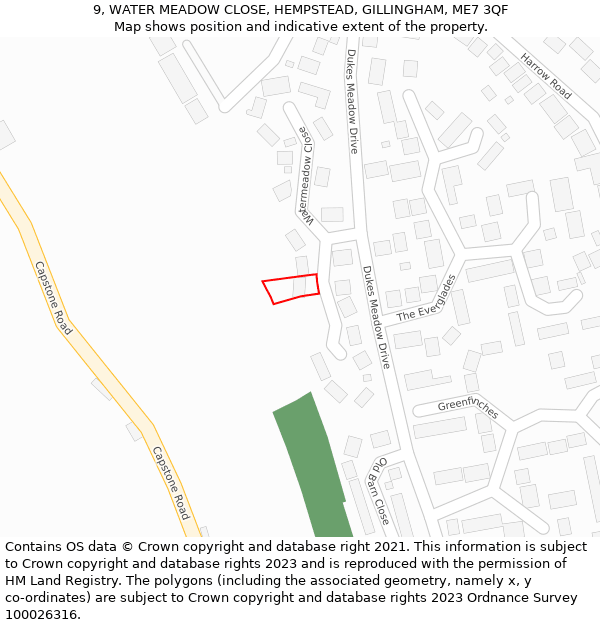 9, WATER MEADOW CLOSE, HEMPSTEAD, GILLINGHAM, ME7 3QF: Location map and indicative extent of plot