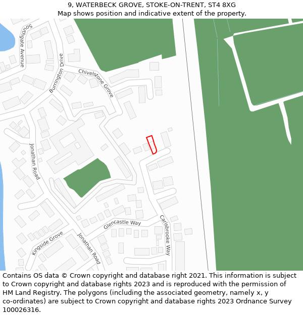 9, WATERBECK GROVE, STOKE-ON-TRENT, ST4 8XG: Location map and indicative extent of plot