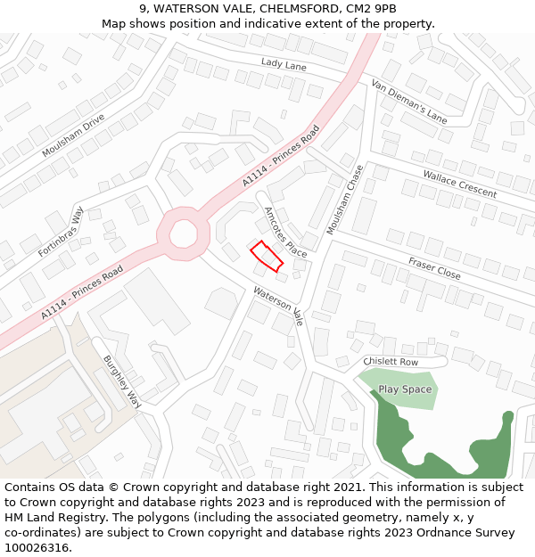 9, WATERSON VALE, CHELMSFORD, CM2 9PB: Location map and indicative extent of plot