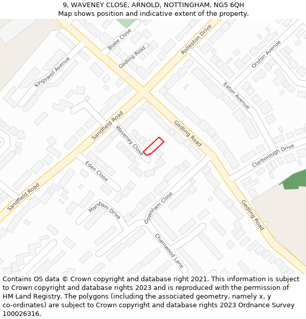 9, WAVENEY CLOSE, ARNOLD, NOTTINGHAM, NG5 6QH: Location map and indicative extent of plot