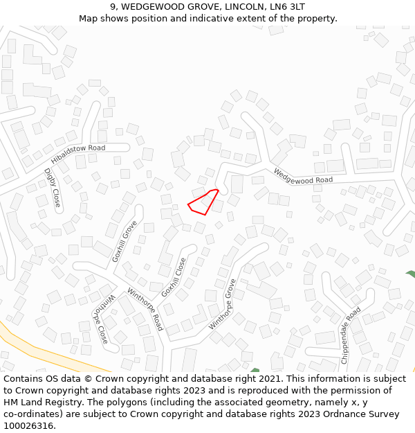 9, WEDGEWOOD GROVE, LINCOLN, LN6 3LT: Location map and indicative extent of plot