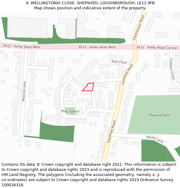 9, WELLINGTONIA CLOSE, SHEPSHED, LOUGHBOROUGH, LE12 9FB: Location map and indicative extent of plot