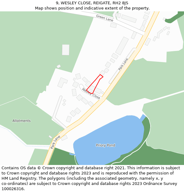 9, WESLEY CLOSE, REIGATE, RH2 8JS: Location map and indicative extent of plot