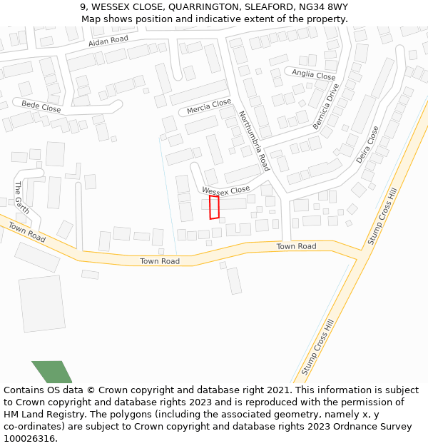 9, WESSEX CLOSE, QUARRINGTON, SLEAFORD, NG34 8WY: Location map and indicative extent of plot