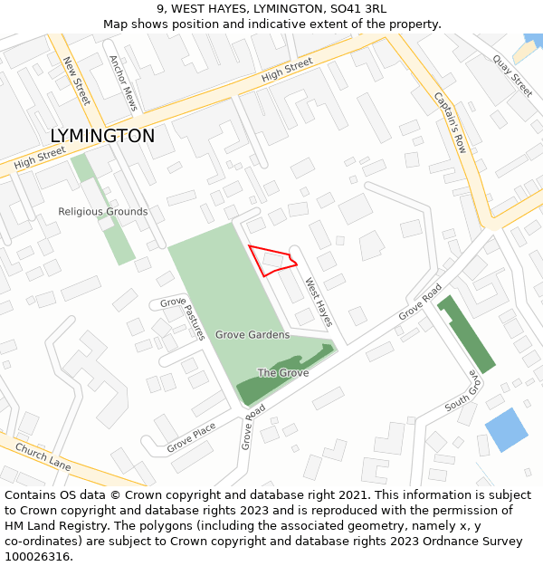 9, WEST HAYES, LYMINGTON, SO41 3RL: Location map and indicative extent of plot