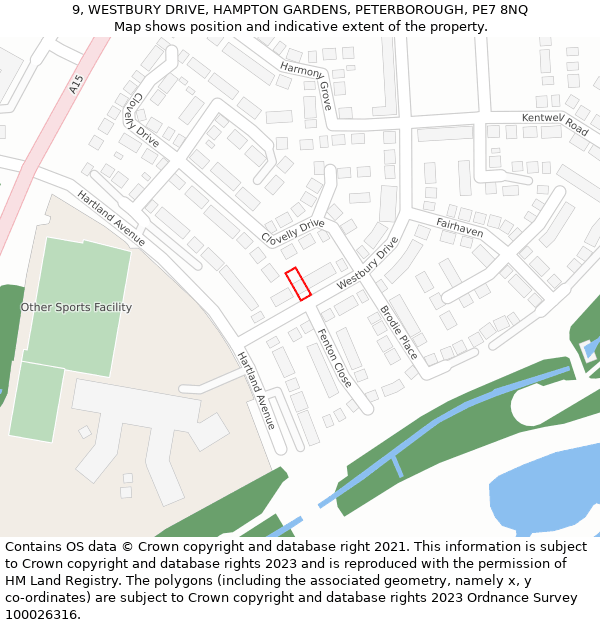 9, WESTBURY DRIVE, HAMPTON GARDENS, PETERBOROUGH, PE7 8NQ: Location map and indicative extent of plot