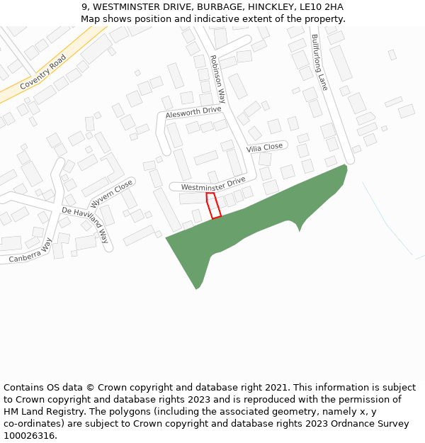 9, WESTMINSTER DRIVE, BURBAGE, HINCKLEY, LE10 2HA: Location map and indicative extent of plot