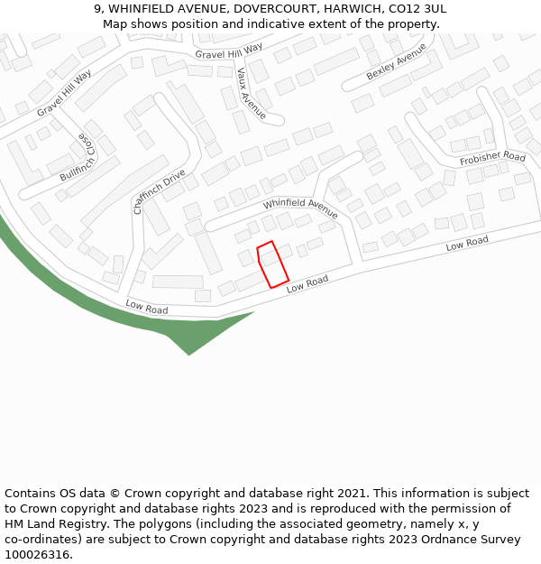 9, WHINFIELD AVENUE, DOVERCOURT, HARWICH, CO12 3UL: Location map and indicative extent of plot