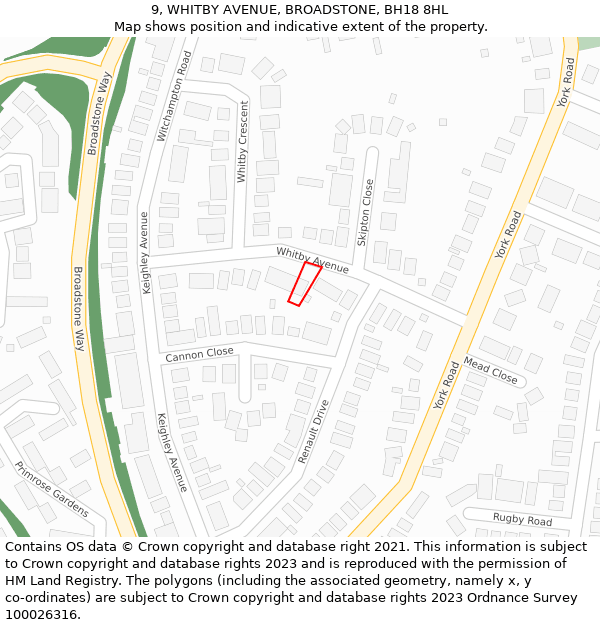 9, WHITBY AVENUE, BROADSTONE, BH18 8HL: Location map and indicative extent of plot