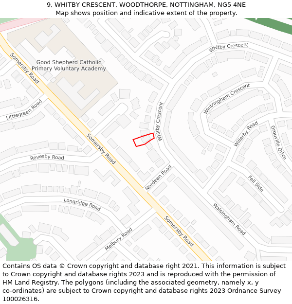 9, WHITBY CRESCENT, WOODTHORPE, NOTTINGHAM, NG5 4NE: Location map and indicative extent of plot