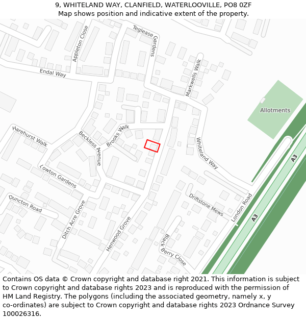 9, WHITELAND WAY, CLANFIELD, WATERLOOVILLE, PO8 0ZF: Location map and indicative extent of plot