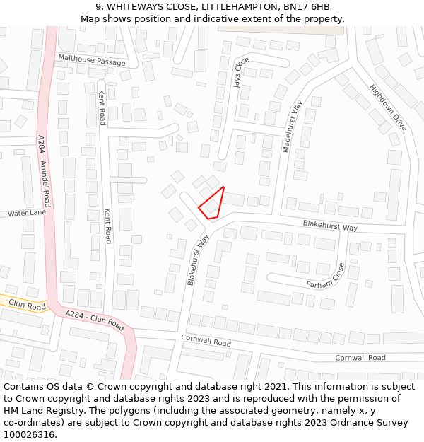 9, WHITEWAYS CLOSE, LITTLEHAMPTON, BN17 6HB: Location map and indicative extent of plot
