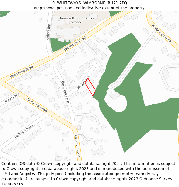 9, WHITEWAYS, WIMBORNE, BH21 2PQ: Location map and indicative extent of plot