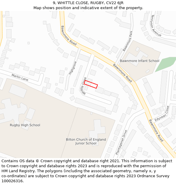 9, WHITTLE CLOSE, RUGBY, CV22 6JR: Location map and indicative extent of plot