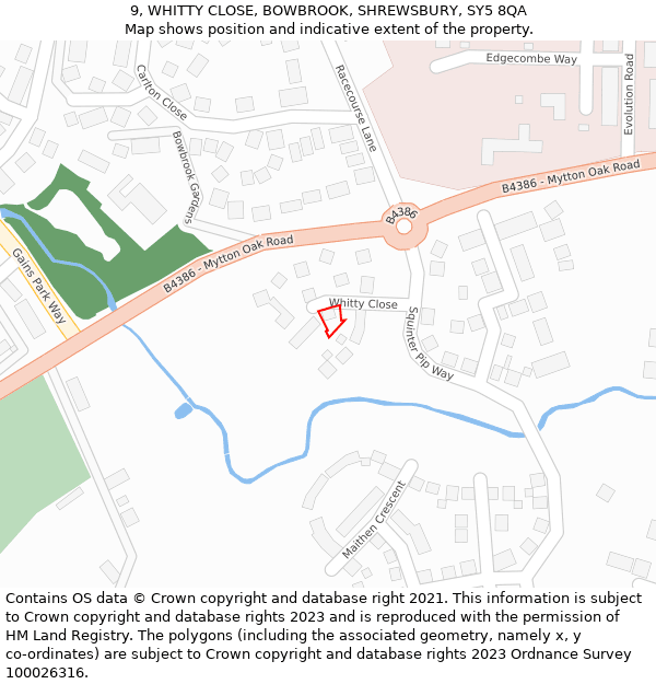 9, WHITTY CLOSE, BOWBROOK, SHREWSBURY, SY5 8QA: Location map and indicative extent of plot