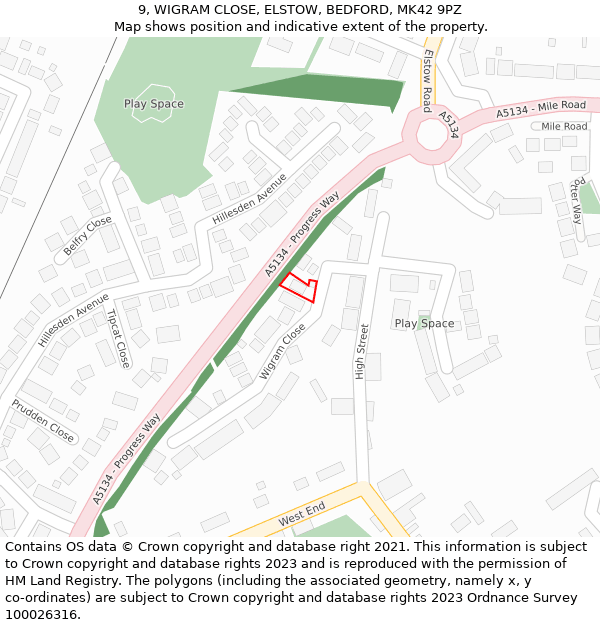 9, WIGRAM CLOSE, ELSTOW, BEDFORD, MK42 9PZ: Location map and indicative extent of plot