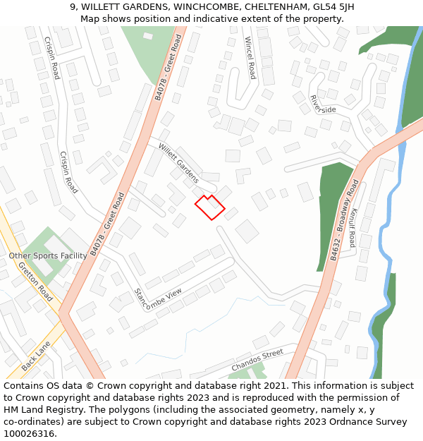 9, WILLETT GARDENS, WINCHCOMBE, CHELTENHAM, GL54 5JH: Location map and indicative extent of plot