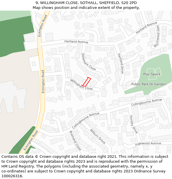 9, WILLINGHAM CLOSE, SOTHALL, SHEFFIELD, S20 2PD: Location map and indicative extent of plot