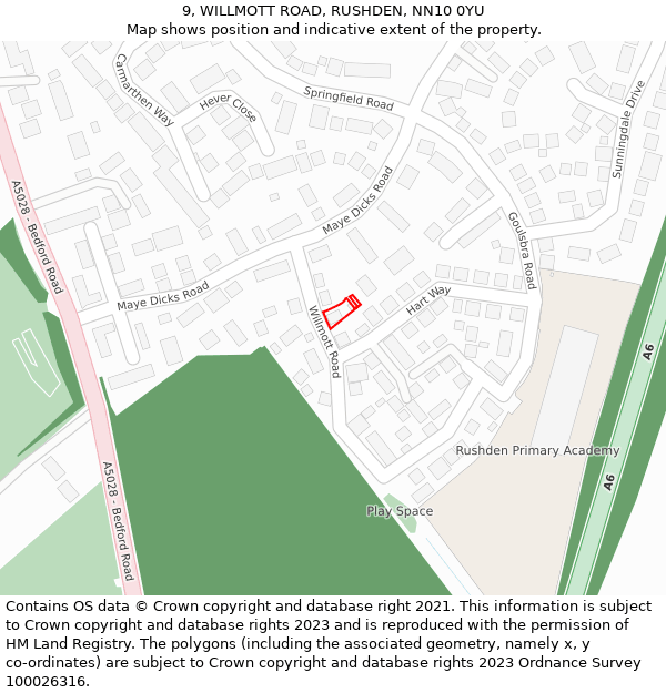 9, WILLMOTT ROAD, RUSHDEN, NN10 0YU: Location map and indicative extent of plot