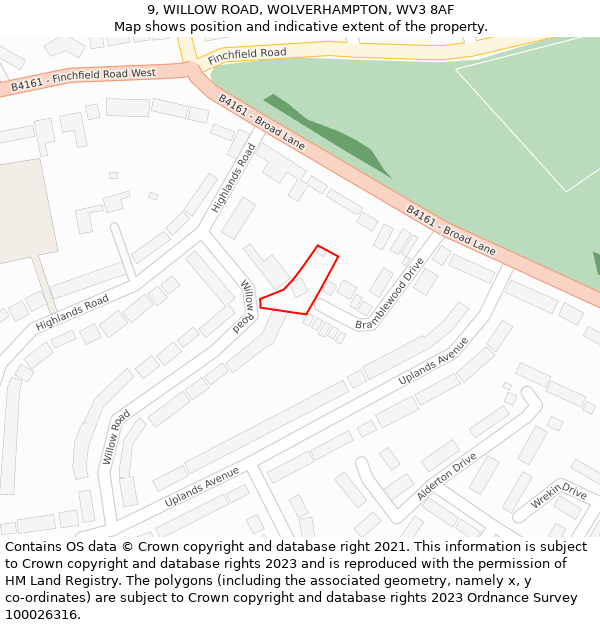 9, WILLOW ROAD, WOLVERHAMPTON, WV3 8AF: Location map and indicative extent of plot